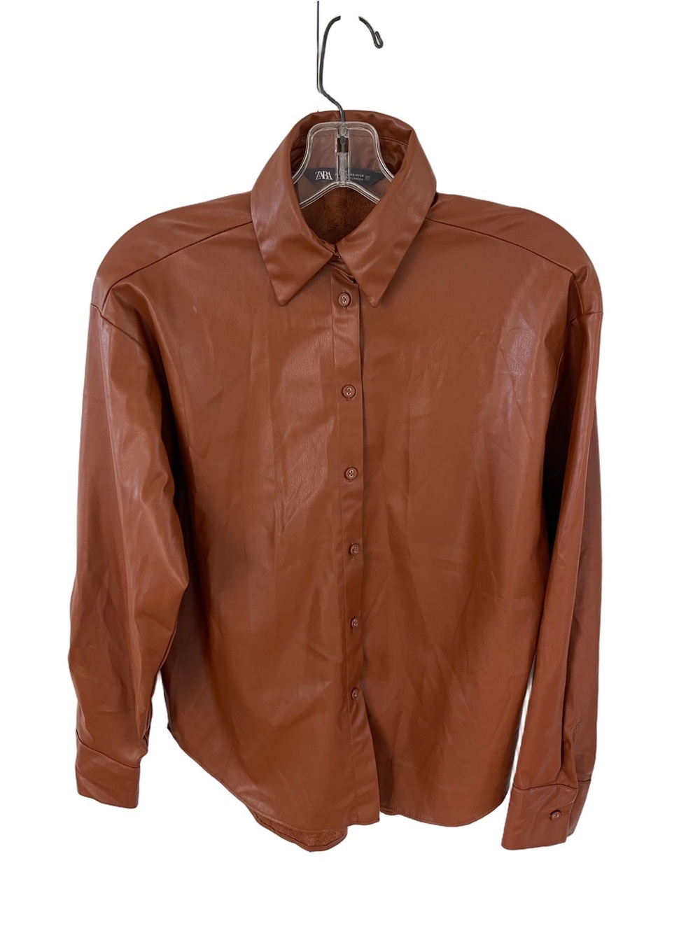 Zara Women’s Faux Leather Button-Up Shirt in Brown -  Sz S